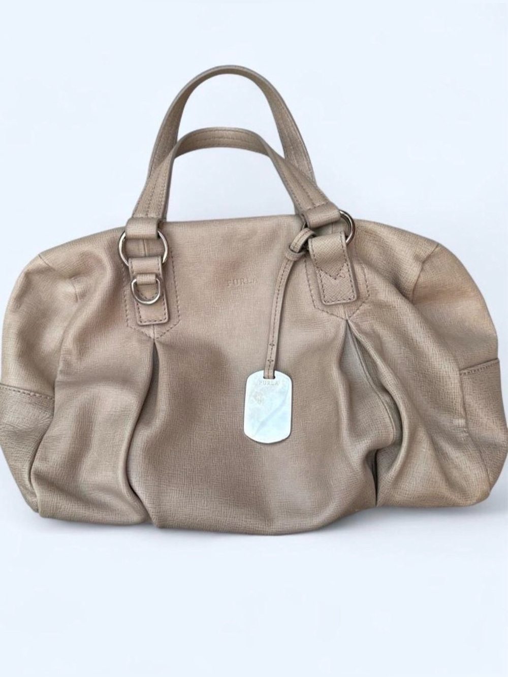 Furla Designer Leather Beige Taupe Ruched Shoulder Bag Medium Size Minimalist